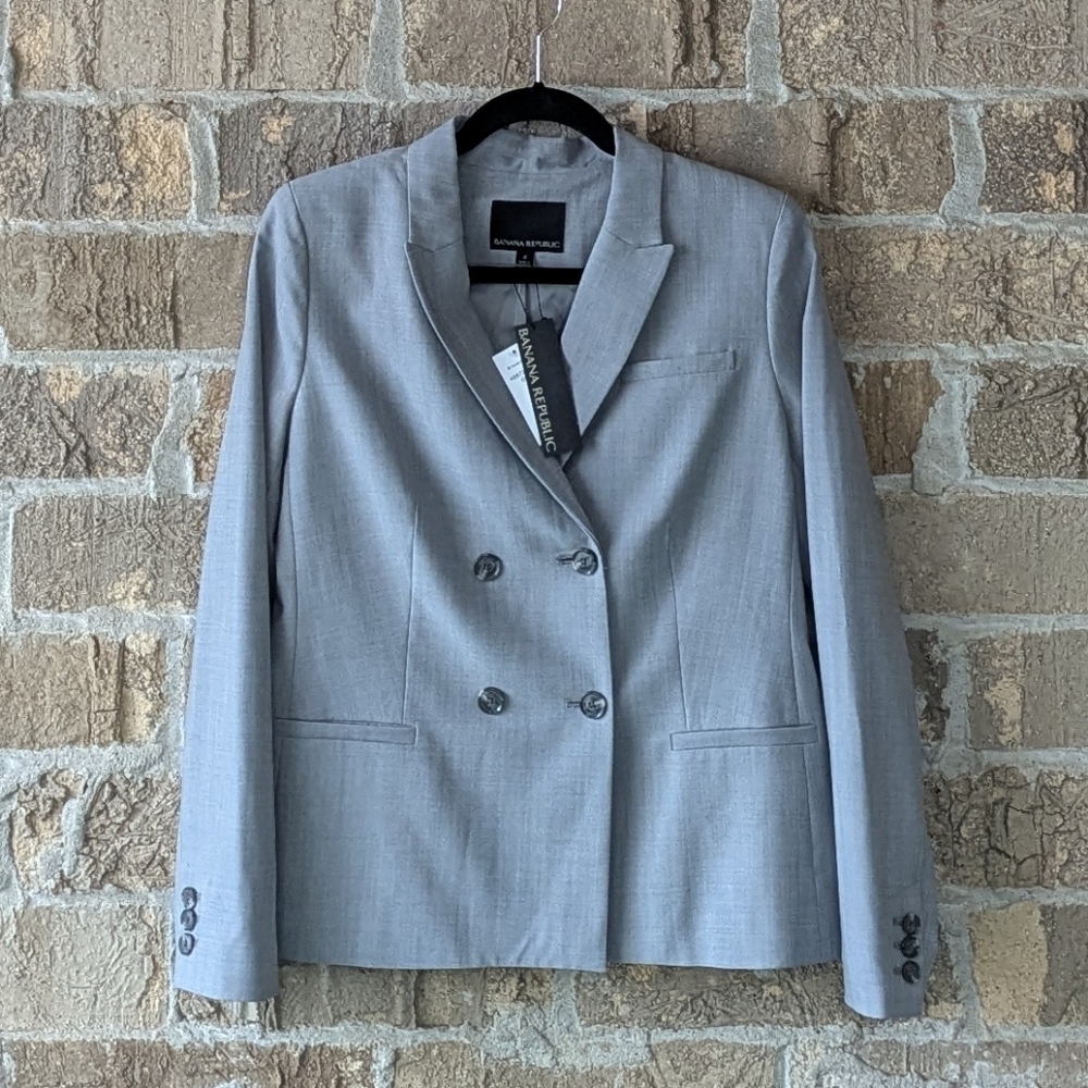 NWT Banana Republic Lightweight Wool Double Breasted Blazer Gray Stretch Size 4